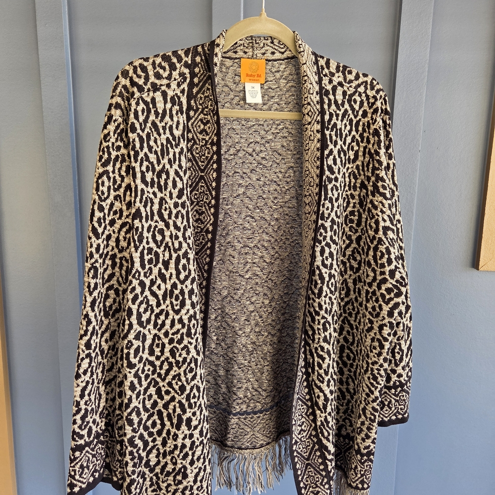 Ruby Rd. Leopard Print Cardigan in Black and Cream
